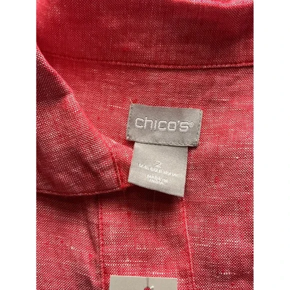 Chicos 100% Linen Tunic Top Red Orange Button Front Long Sleeve Size 2 L NEW - Picture 5 of 13